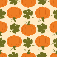 Autumn seamless pattern with orange  pumpkins and leaves. Vector illustration. Isolated on white background. Fall harvest, Thanksgiving wallpaper