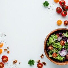 A wooden bowl of fresh salad with cherry tomatoes, red onion, lettuce, and walnuts sits on a white background, surrounded by additional ingredients