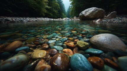 Obraz premium Crystal Riverbed: A captivating underwater perspective reveals a vibrant tapestry of smooth, colorful river rocks beneath the crystal-clear water of a pristine river, nestled within a lush forest. 