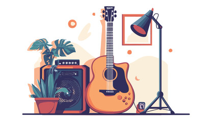 Naklejka premium A digitally created illustration featuring a sunburst-colored acoustic guitar positioned centrally. To the left, a stylized guitar amplifier is depicted with a slightly desaturated color palette.