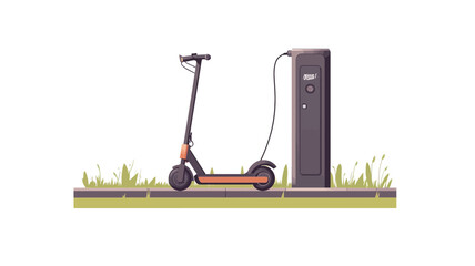 A digital illustration depicting a black electric scooter positioned next to a dark gray charging station. The scooter has orange accents on its wheels and deck. The charging cable is connected to