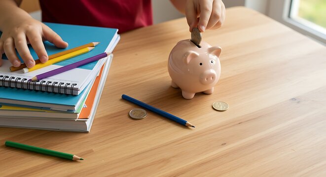 school supplies and piggy bank on desk family remittance education investment future