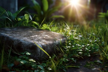 Obraz premium Lush Nature's Embrace: A captivating image portrays a sun-kissed scene within a verdant ecosystem. This photorealistic shot reveals the intricate details of flourishing plant life, and textured stone.