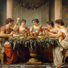 Classical Era Feast A Gathering of Figures in Ancient Attire and Celebration