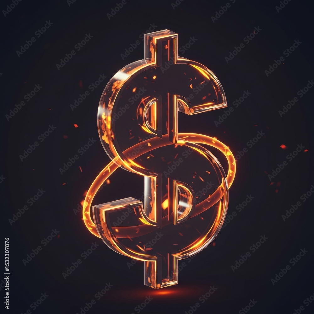 Aufkleber burning dollar sign graphic in a dark setting. abstract 3d model against a dark background with fier