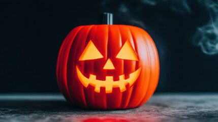 Fototapeta premium Jack o lantern pumpkin with glowing face on dark background creating spooky Halloween mood