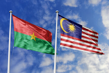 A Burkina Faso and Malaysia flag, a metaphor for Asia-African unity, wave together against a blue sky, symbolizing friendship and cultural exchange.