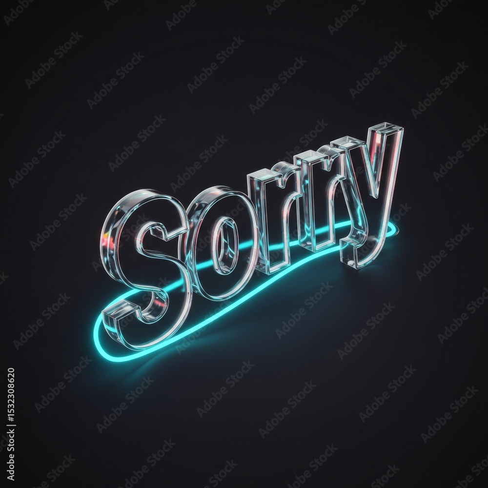 Poster glassy text display of the word sorry with neon lighting. modern, abstract design suitable for vario