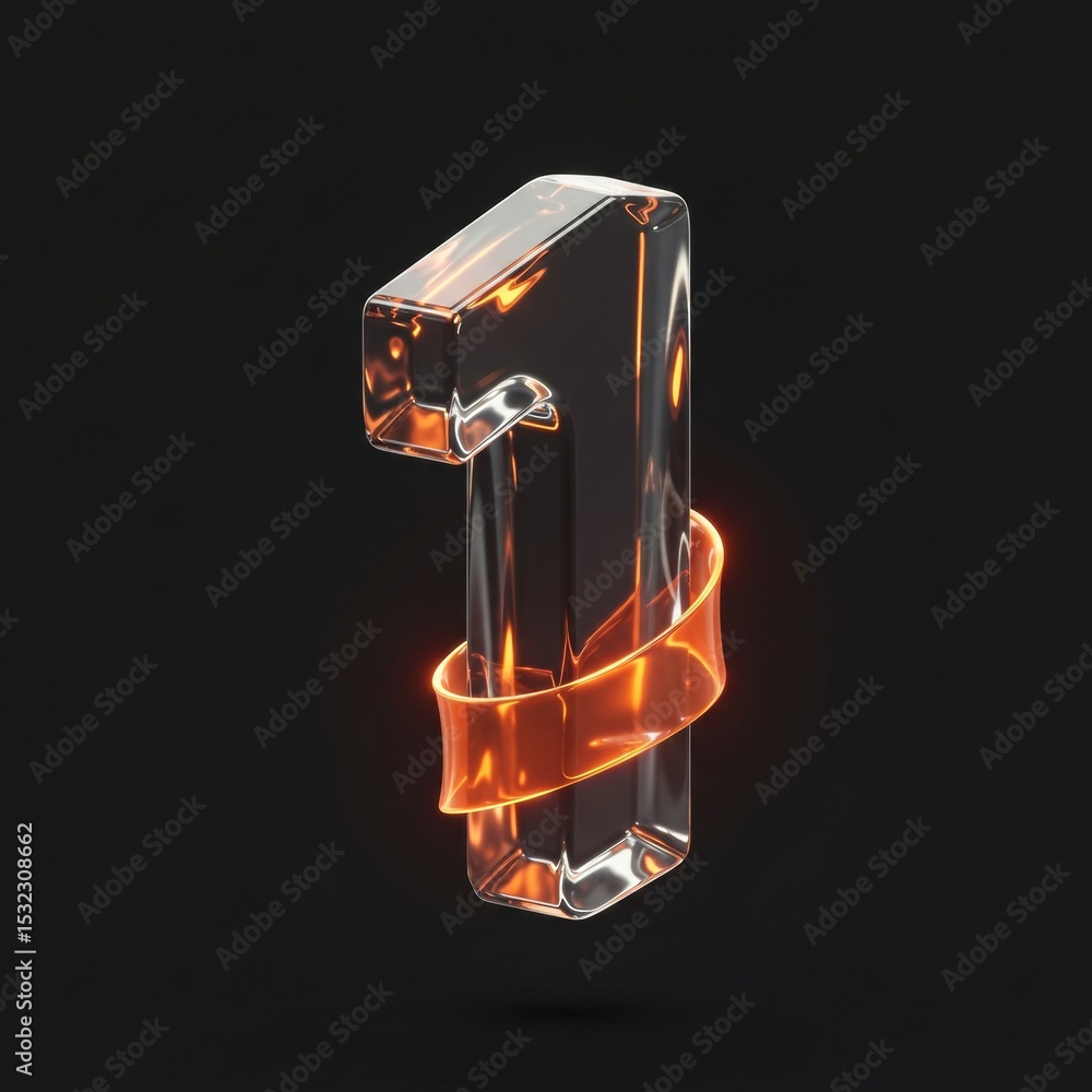 Poster glass number one with glowing orange ribbon in dark studio setting. digitally rendered, modern desig