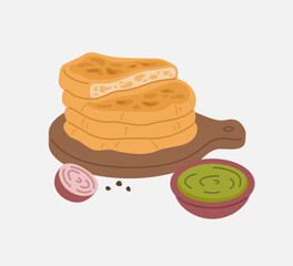 Stack of Naan Bread with Chutney and Onion Illustration