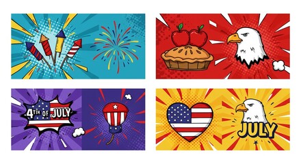 A set of four vibrant pop-art illustrations for the 4th of July, featuring a bald eagle, fireworks, apple pie, and comic-style text.
