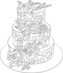 tall wedding cake decorated with roses on a white isolated background vector illustration