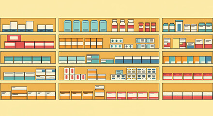 Organized Pharmacy Shelves Displaying Various Medications, Pills, and Bottles in Rows
