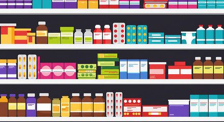 Organized Pharmacy Shelves Displaying Various Medications, Pills, and Bottles in a Clean Arrangement