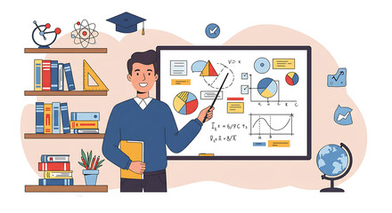 Smiling Teacher Explains Math Equations on Blackboard with Books and Globe.