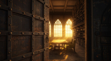 Sunlight Streams Through Gothic Windows into a Library's Antique Interior.