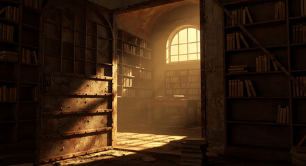 Ancient Library's Rusty Door Reveals Sunlight and Bookshelves in Warm Light