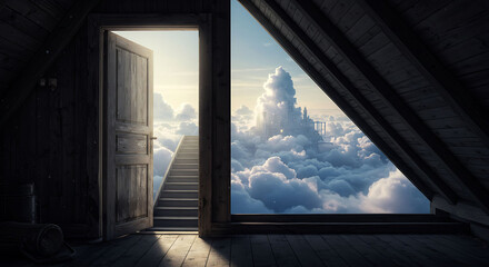 Dreamlike Attic View: Door to Stairway and Cloud City in the Sky