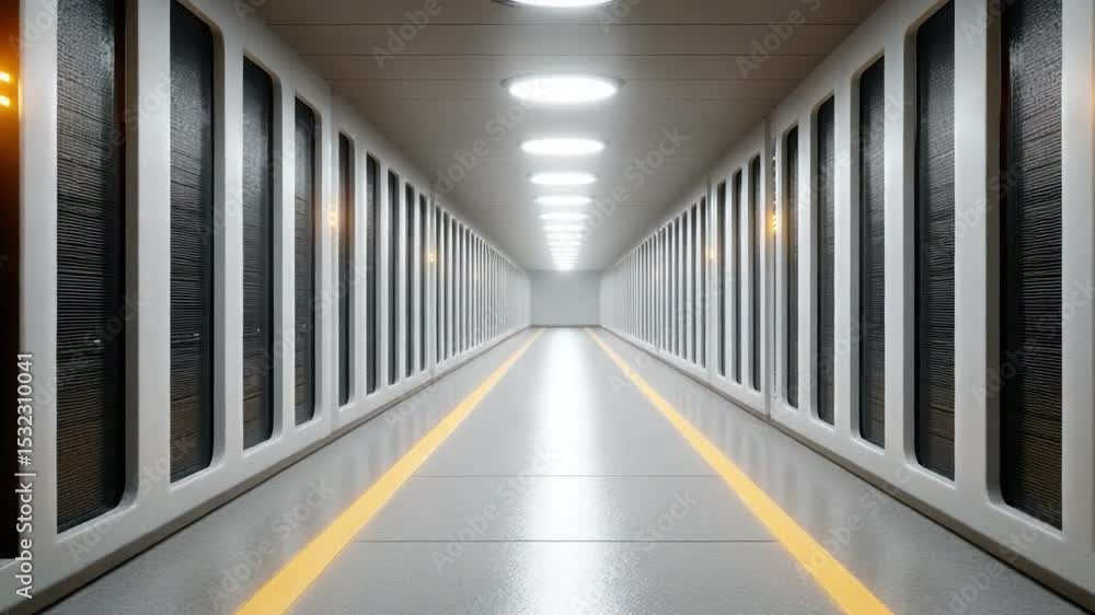 Poster server room corridor: a long corridor in a modern server room, with rows of powerful servers lining 