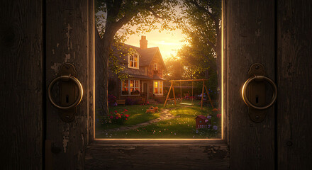 Warm Sunlight Illuminates a Cozy Cottage Seen Through Open Wooden Door
