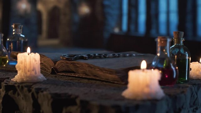 Cinematic shot of ancient candles flickering beside potion bottles, old book and metal magic wand on textured rock surface, with enchanted blue light pouring through windows in fantasy stone chamber.