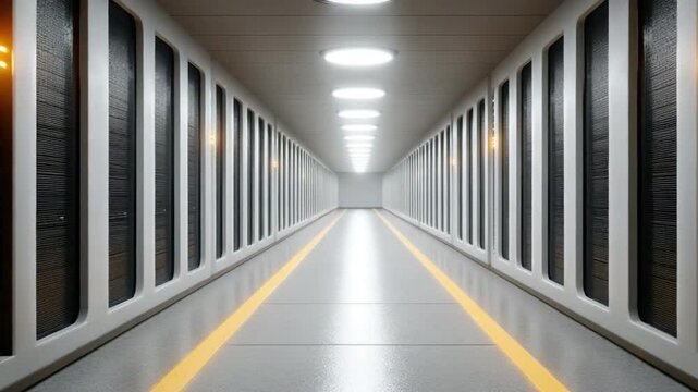Server Room Corridor: A long corridor in a modern server room, with rows of powerful servers lining both sides. The bright lights illuminate the clean and efficient environment.