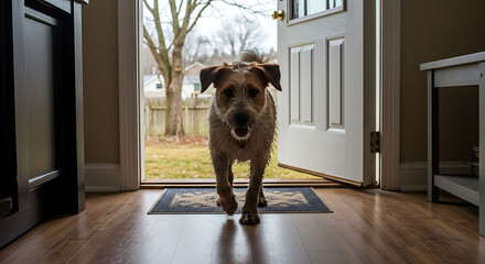 Happy Dog Greets You at the Doorway, Entering Home from Outdoors