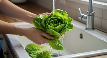 Fresh Green Lettuce Being Washed Under Running Water in Kitchen Sink