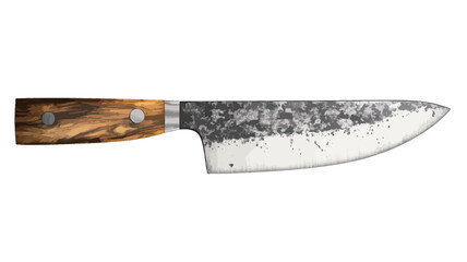 High-angle, close-up studio shot of a handcrafted forged steel kitchen knife against a pure white background. The knife features a textured, grey-toned steel blade with a visible hammered finish,