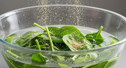 Fresh Spinach Leaves in Water with Seasoning Falling into Glass Bowl