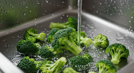 Fresh Broccoli Florets Being Washed Under Running Water in a Kitchen Sink