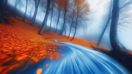 Serene River Flowing Through Misty Autumn Forest with Colorful Leaves