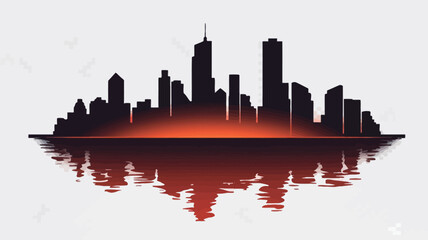 Fototapeta premium The image showcases a stylized vector illustration of a city skyline at sunset. The cityscape is depicted as a silhouette against a gradient background transitioning from deep red to orange at the
