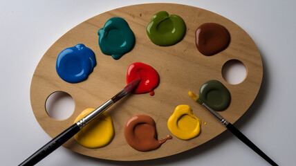 A wooden palette with multiple circular blobs of paint in various colors