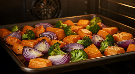 Roasted Sweet Potatoes, Red Onions, and Broccoli in Oven, Culinary Delight.