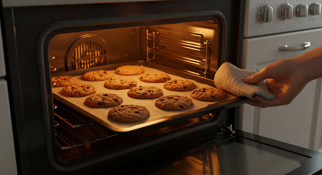 Warm, freshly baked chocolate chip cookies being removed from a hot oven.