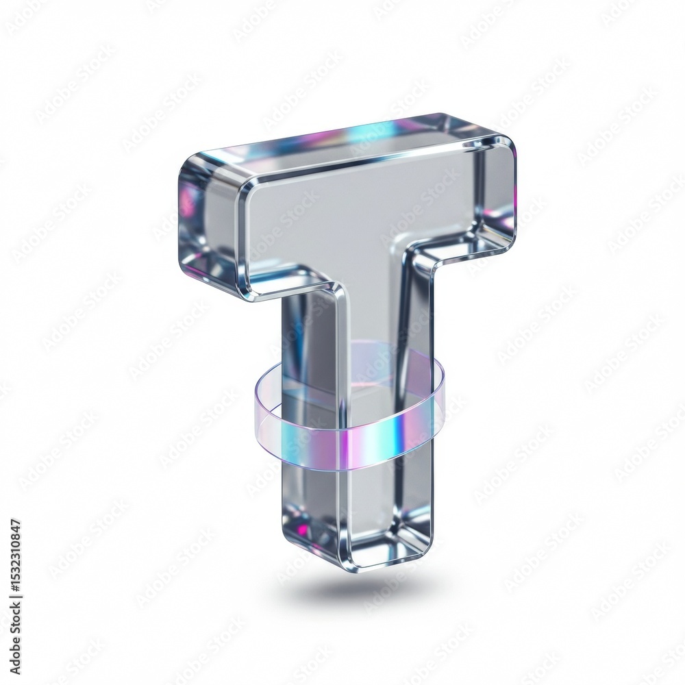 Aufkleber metallic letter t with iridescent ring in a 3d render. modern graphic design element with holographi