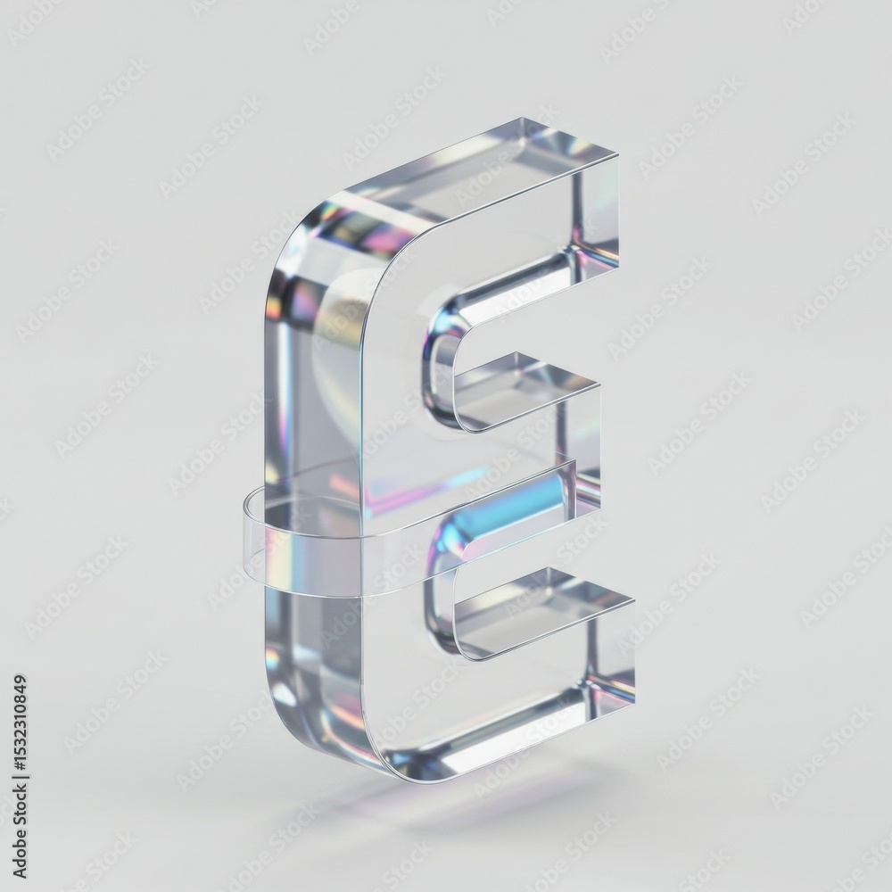Poster 3d rendered translucent letter e with iridescent highlights in a minimalist studio setting. modern d