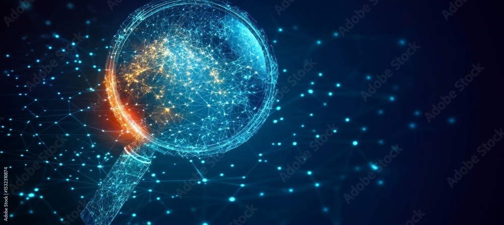 Poster magnifying glass searching for global digital networking data concept in a high-tech cyber space
