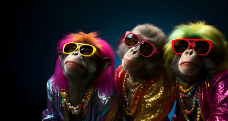 Creative animal concept. Group gang of monkey in sparkly rock punk neon bright colour outfit, copy text space. commercial, editorial advertisement party invitation invite	
