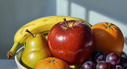 Vivid Still Life Painting of Fresh Fruit with Dramatic Lighting and Texture