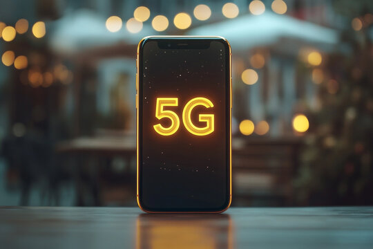 Smartphone displaying 5G network on screen at night with bokeh lights in background - Powered by Adobe
