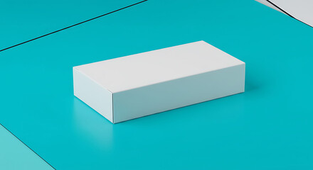 Minimalist White Box on Turquoise Surface with Diagonal Black Lines