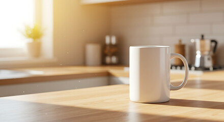 White Mug on Wooden Counter in Sunny Kitchen with Soft Lighting