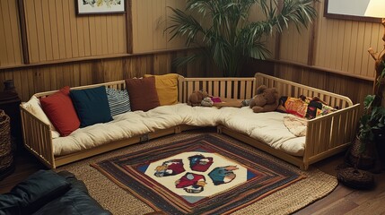 Corner layout idea with Ggumbi playpen offering a defined baby zone without compromising space