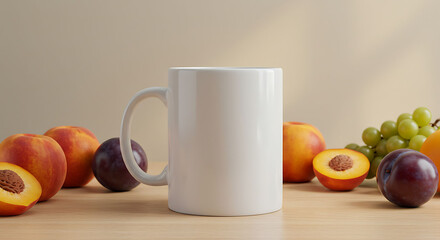 White Mug Surrounded by Fresh Fruits on a Wooden Surface, Soft Lighting
