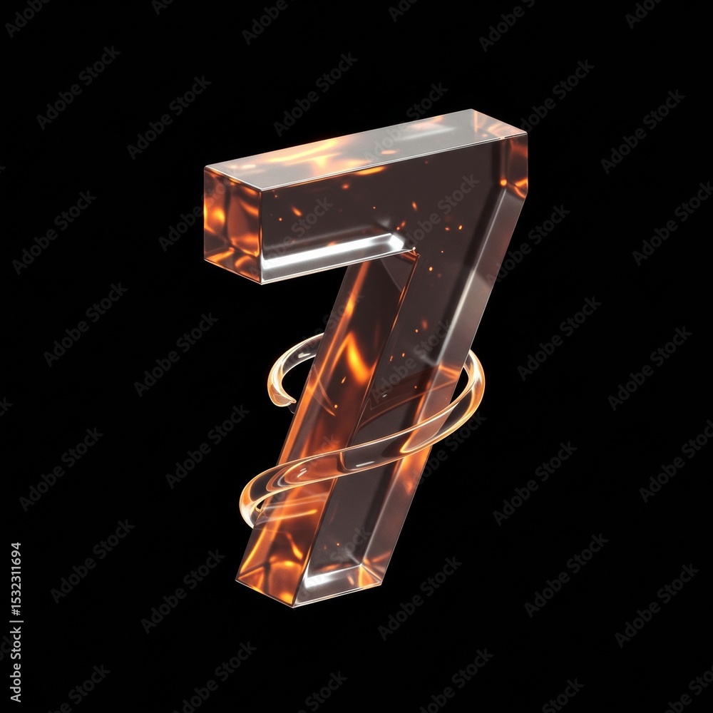 Poster glass number seven with fiery effects isolated on black background. abstract, visually striking numb