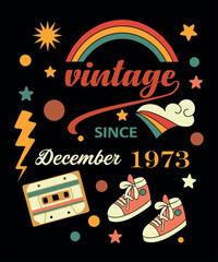 Vector illustration set of retro music and colorful vintage food icons