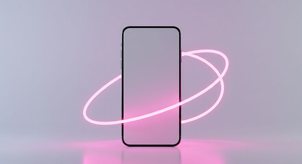 Modern Smartphone with Pink Neon Light Trails on a Gradient Background