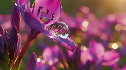 Reflective water droplet on vibrant purple flower petal in a sunlit field during golden hour - Powered by Adobe